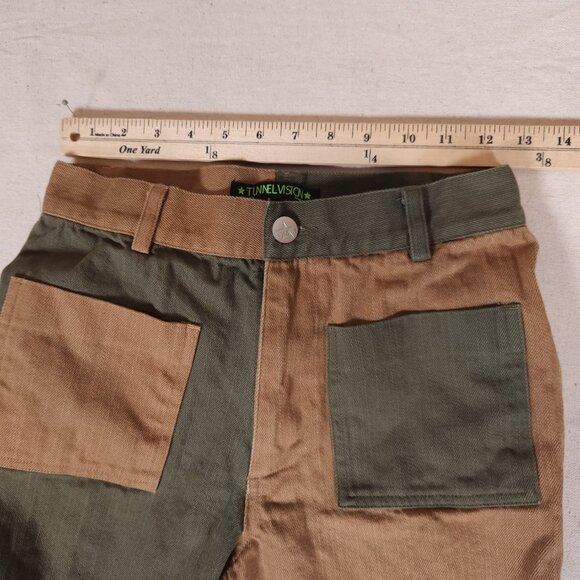 Tunnel Vision Patchwork Jeans Womens Medium Green Tan Flare Skater Streetware - Picture 5 of 14